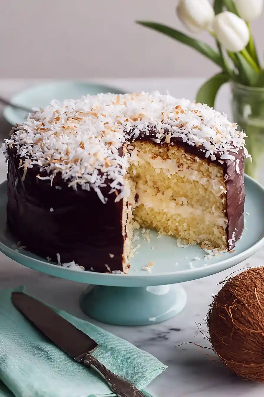 coconut cake with chocolate frosting