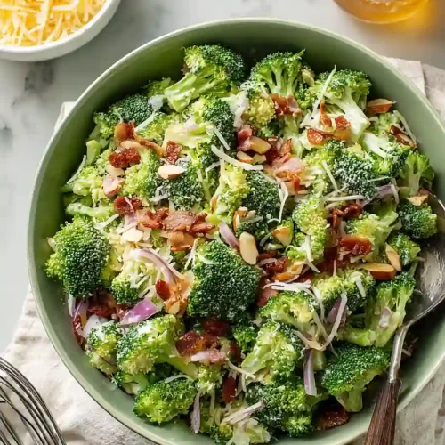 broccoli bacon salad with cheese and red onions