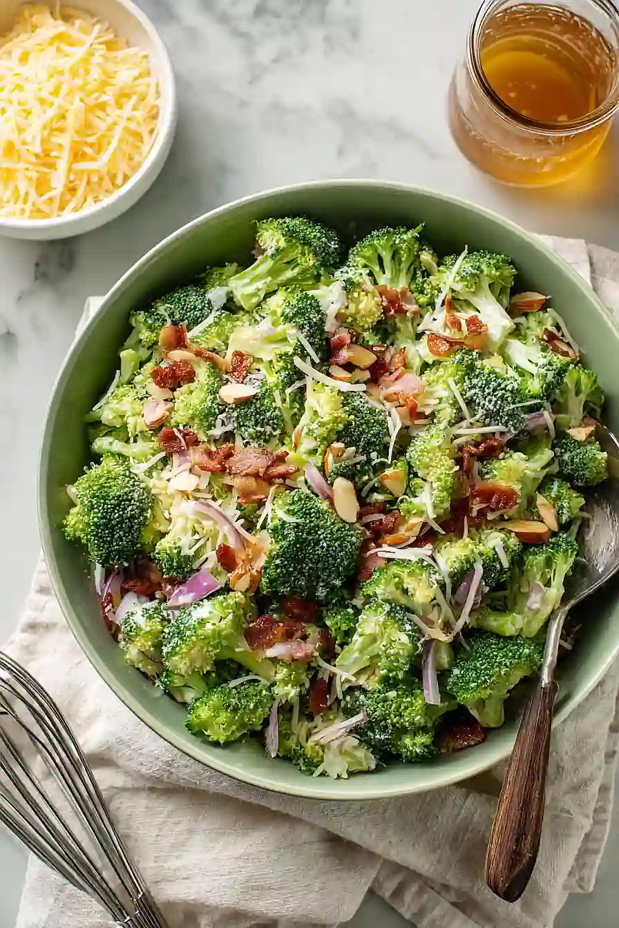 broccoli bacon salad with cheese and red onions