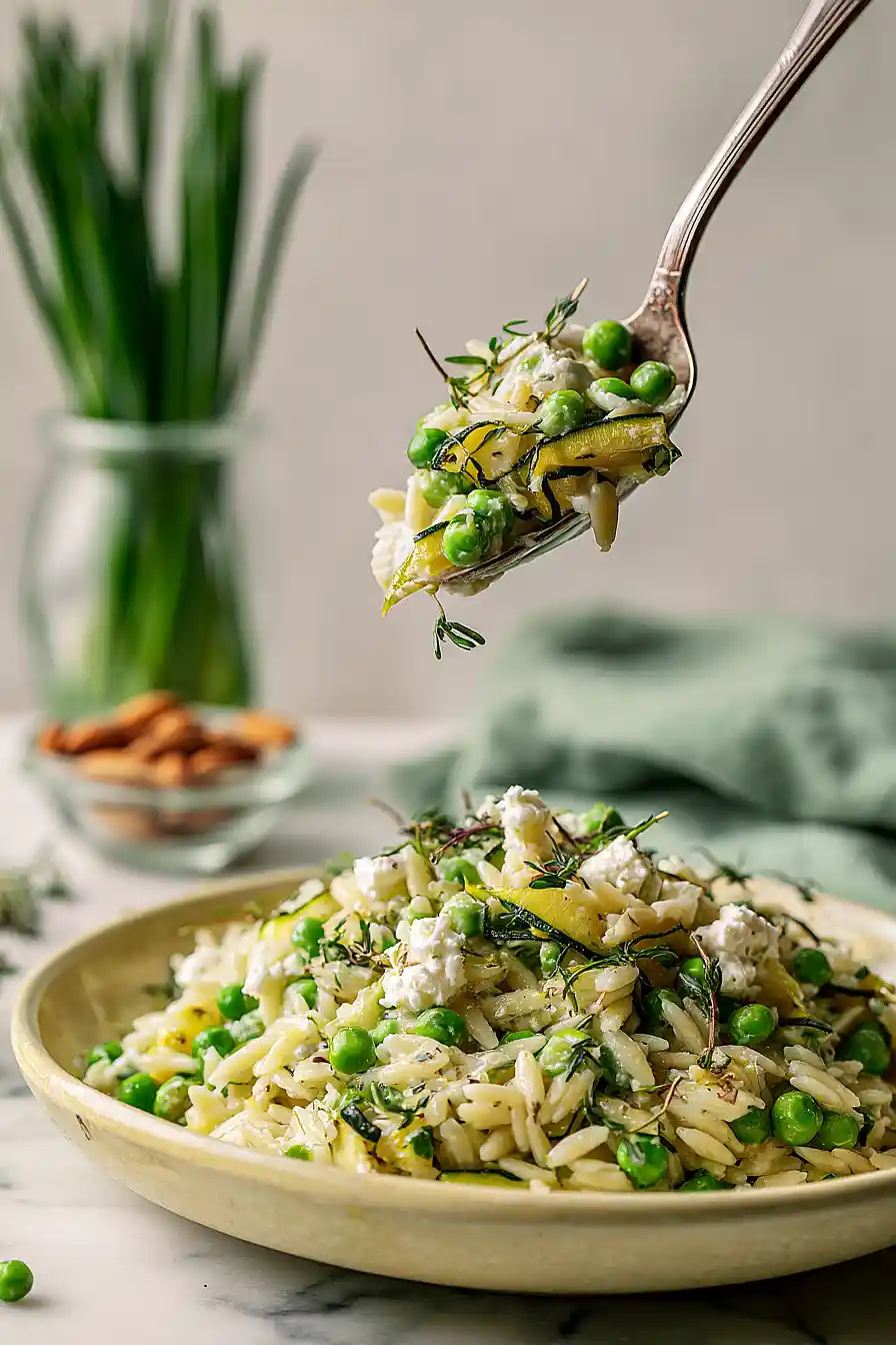 zucchini, pea & goat cheese orzo salad
