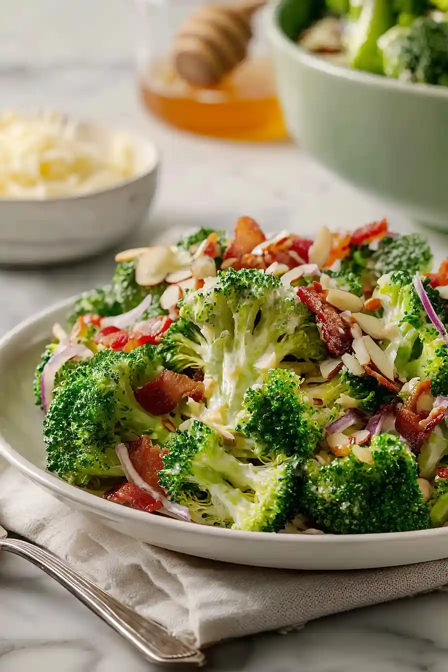 broccoli bacon salad with cheese and red onions