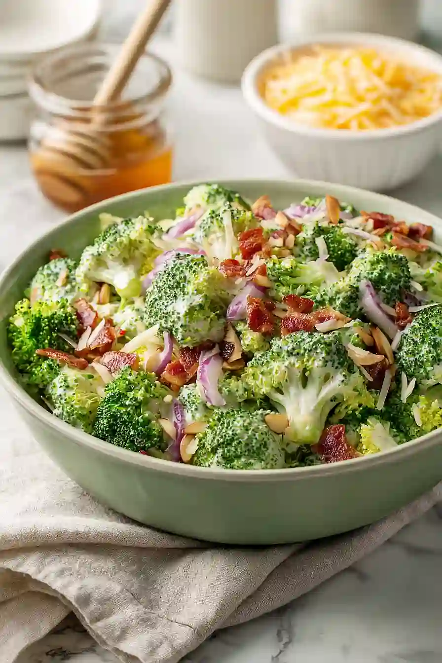 broccoli bacon salad with cheese and red onions