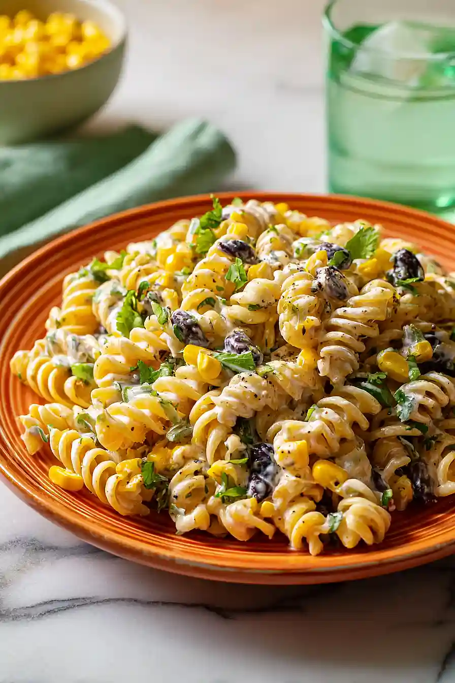 black bean and corn pasta salad with lime greek yogurt dressing