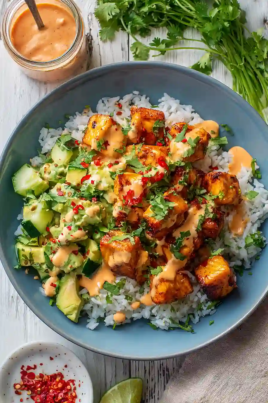 bang bang salmon and coconut rice bowls