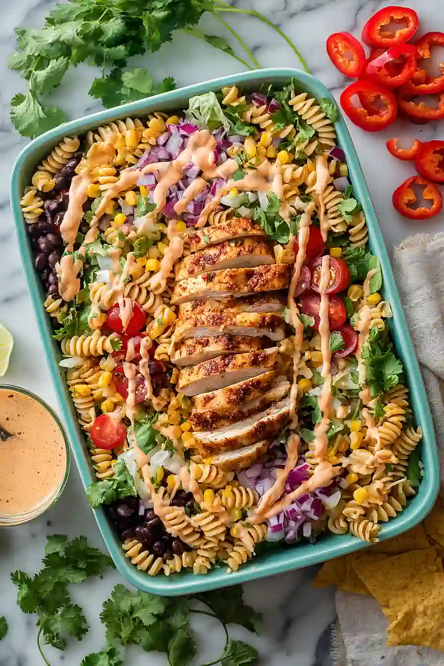 healthy southwest pasta salad with chipotle greek yogurt dressing