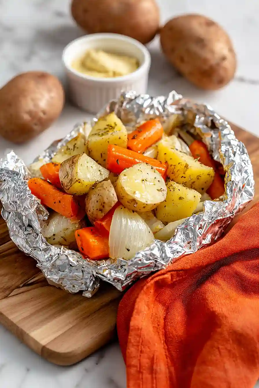 grilled potato, carrot, and onion in foil