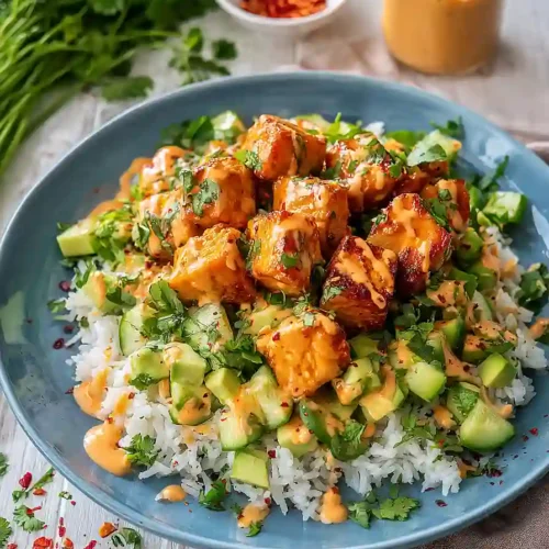 bang bang salmon and coconut rice bowls