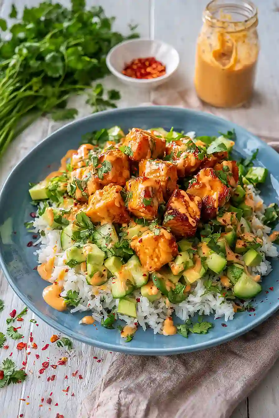 bang bang salmon and coconut rice bowls