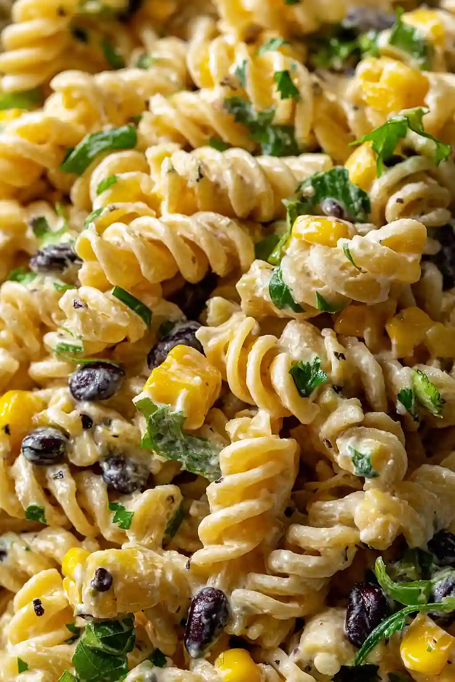 black bean and corn pasta salad with lime greek yogurt dressing