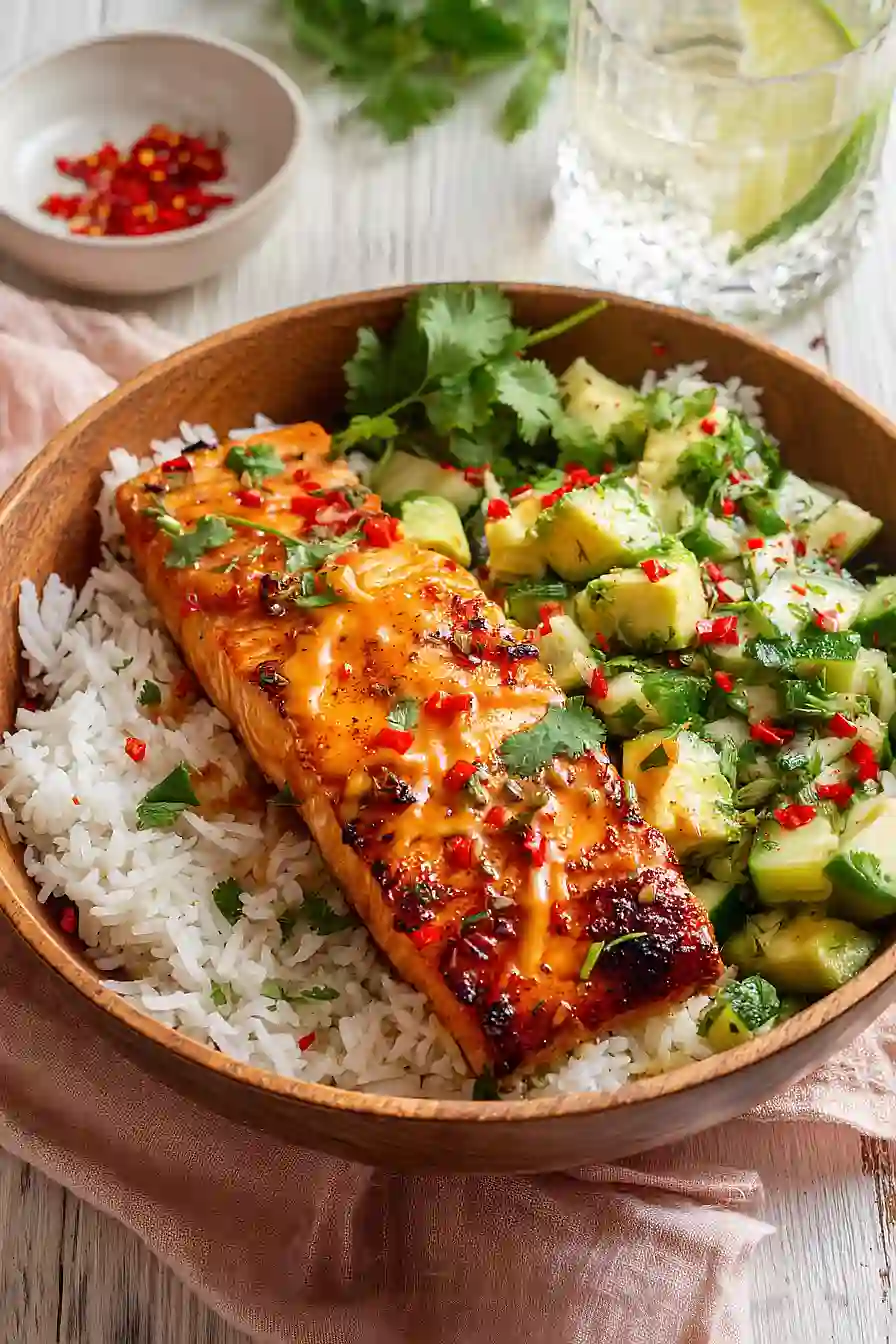 bang bang salmon with avocado cucumber salsa