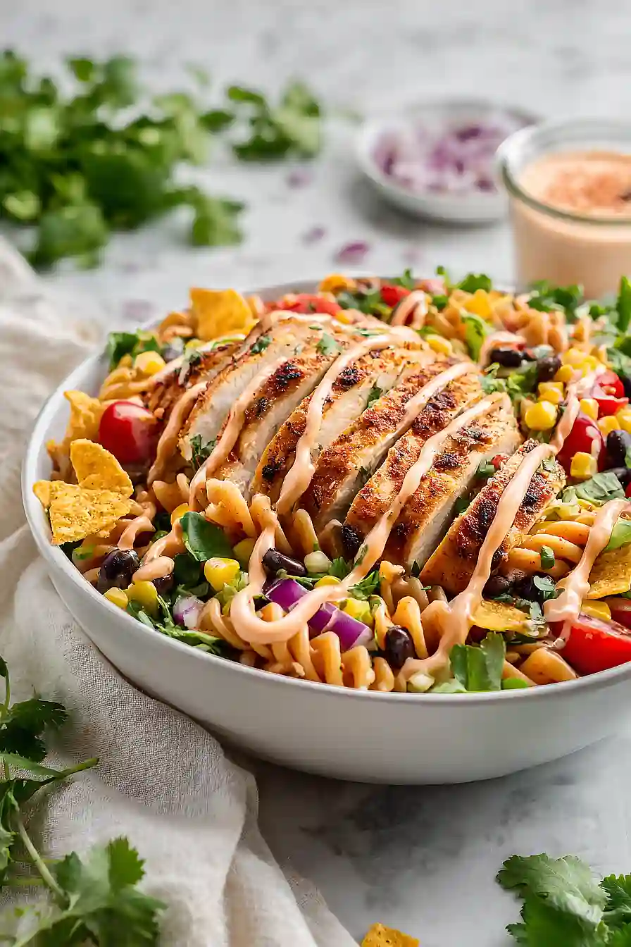 healthy southwest pasta salad with chipotle greek yogurt dressing