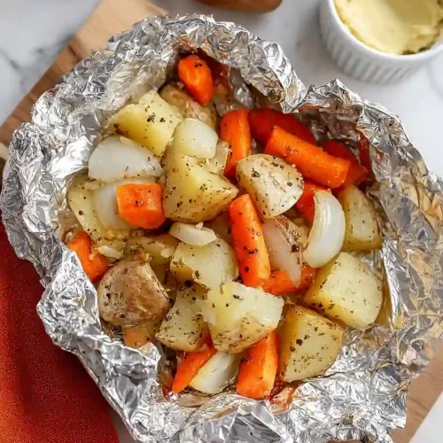 grilled potato, carrot, and onion in foil