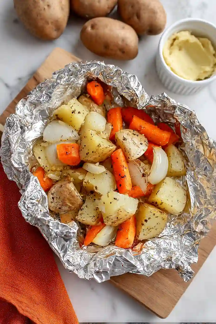 grilled potato, carrot, and onion in foil