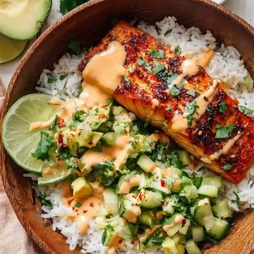 bang bang salmon with avocado cucumber salsa
