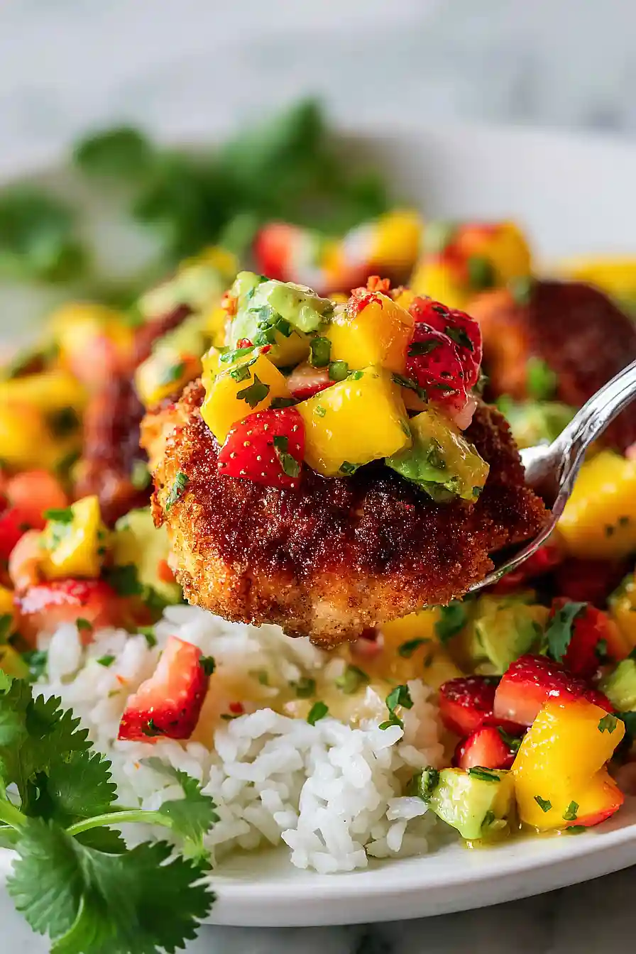 salmon bites with strawberry mango avocado salsa