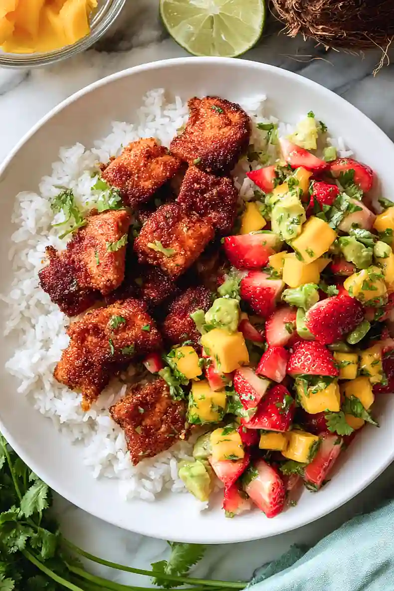 salmon bites with strawberry mango avocado salsa